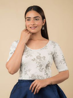 BINDIGASM'S ADVI - Women Silver Isha Ivory Floral Metallic Print Stretchable Pull On Blouse