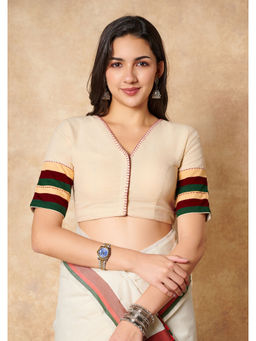 SALWAR STUDIO - Cream Pure Cotton V Neck Readymade Blouse