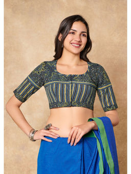SALWAR STUDIO - Green Ajrakh Pure Cotton Round Neck Readymade Blouse
