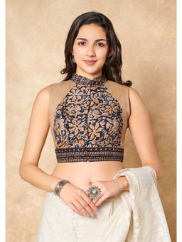 SALWAR STUDIO - Beige Kalamkari Pure Cotton Stand Collar Readymade Blouse