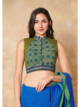 SALWAR STUDIO - Green Batik Pure Cotton Stand Collar Readymade Blouse