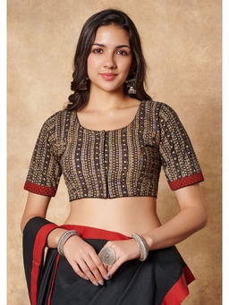 SALWAR STUDIO - Beige-Black Ajrakh Pure Cotton Round Neck Readymade Blouse