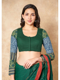 SALWAR STUDIO - Green Pure Cotton Readymade Blouse with Ajrakh Sleeves