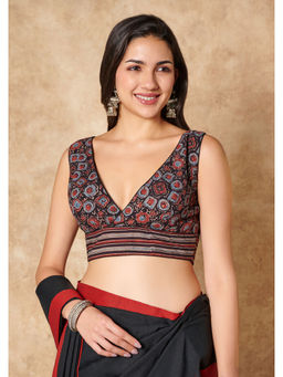 SALWAR STUDIO - Black Ajrakh Pure Cotton V Neck Readymade Blouse