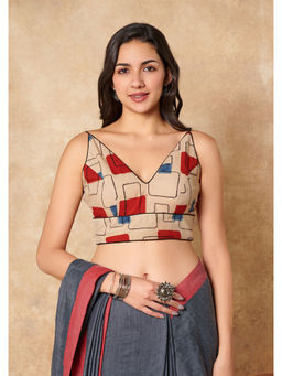 SALWAR STUDIO - Beige Ajrakh Pure Cotton Sleeveless Readymade Blouse