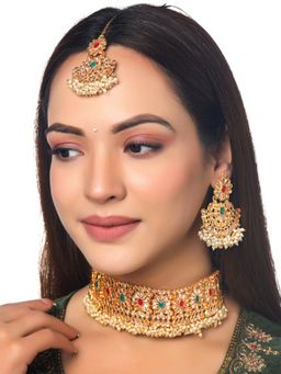 Yellow Chimes - Women Gold-Plated Kundan-Studded and Pearl Beaded Jewellery Set