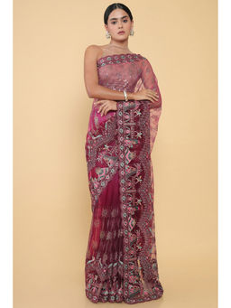 Soch - Women Pink Tissue Embroidered Saree with Unstitched Blouse