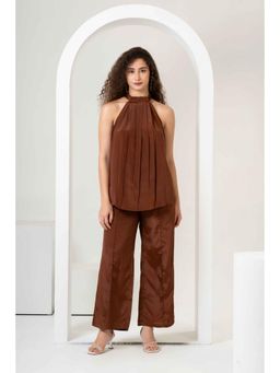 Urban Sundari - Brown Halter Neck Satin Co-Ord Set