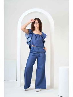 Urban Sundari - Blue Frill Sleeves Denim Crop Co-Ord Set