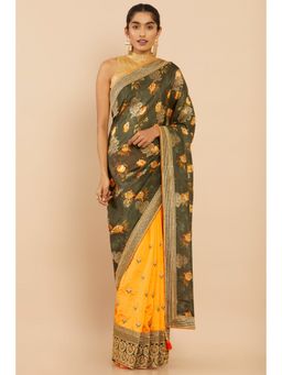 Soch - Women Olive Silk Floral Saree with Unstitched Blouse