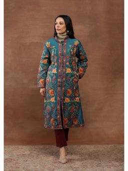 House of Chikankari - Aari Embroidered Women's Long Jacket-Turquoise Blue