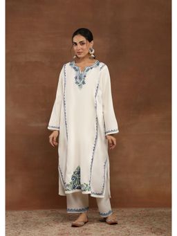 House of Chikankari - White Aari Embroidered Women's Phiran Kurta With Pant