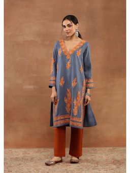 House of Chikankari - Aari Embroidered Women's Long Kurta -Powder Blue