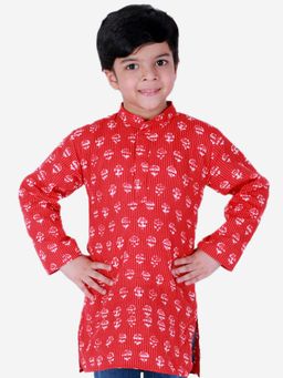 BownBee - Boys Block Print Cotton Kurta - Red