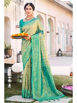 Sangam Prints - Turquoise Silk Woven Zari Work Traditional Tassel Saree with Unstitched Blouse