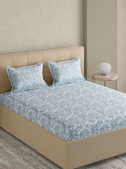 GM - Floral Blue Jacquard Cotton Bedsheet With 2 Pillow Covers - Super King
