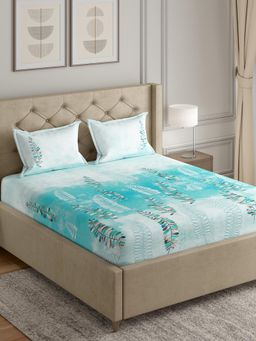 GM - Floral 144TC Blue & White Printed Cotton Bedsheet With 2 Pillow Covers - Double Queen