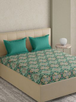 GM - Ornamental 210TC Persian Green Cotton Bedsheet With 2 Embroidered Pillow Covers - Super King