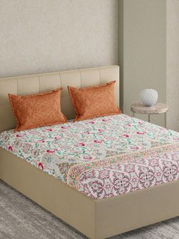 GM - Ethnic 180TC Rust Pink & White Printed Cotton Bedsheet With 2 Pillow Covers - Super King