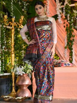 Beatitude - Black Soft Modal Silk Saree with Kashmiri Weaving and Unstitched Blouse