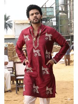 HILO DESIGN - Velvet Maroon Hand Embroidered Dupion Silk Kurta