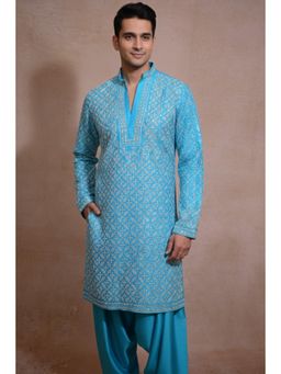 HILO DESIGN - Aarohan Neel Aqua Embroidered Dupion Silk Kurta