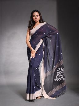 CHARUKRITI - Navy Blue Pure Cotton Temple Border Soft Saree with Unstitched Blouse