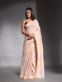 CHARUKRITI - Ecru Beige Pure Cotton Temple Border Soft Saree with Unstitched Blouse
