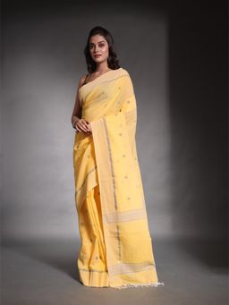 CHARUKRITI - Light Yellow Pure Cotton Temple Border Soft Saree with Unstitched Blouse