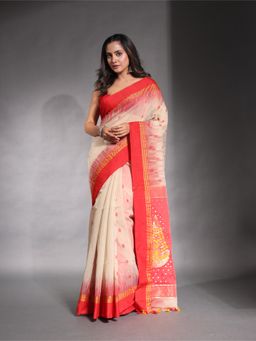 CHARUKRITI - Ecru Beige Cotton Ikkat Style Soft Saree with Unstitched Blouse