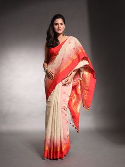 CHARUKRITI - Ecru Beige Cotton Floral Style Soft Saree with Unstitched Blouse