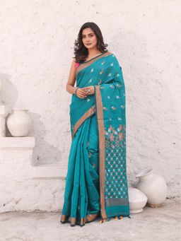 CHARUKRITI - Teal Cotton Zari Border Saree with Unstitched Blouse