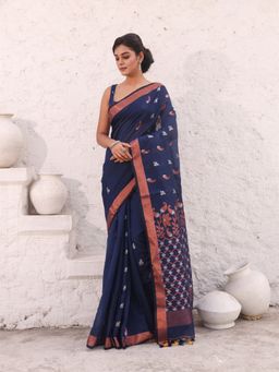 CHARUKRITI - Navy Blue Cotton Zari Border Saree with Unstitched Blouse
