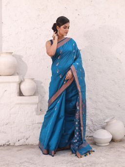 CHARUKRITI - Blue Cotton Zari Border Saree with Unstitched Blouse