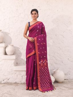 CHARUKRITI - Magenta Cotton Zari Border Saree with Unstitched Blouse