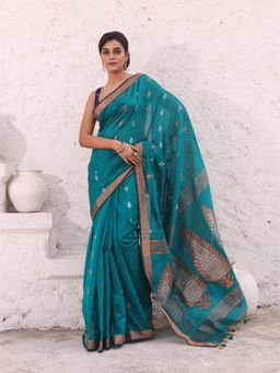 CHARUKRITI - Teal Cotton Zari Border Woven Designs Saree with Unstitched Blouse