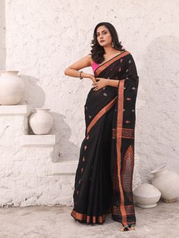 CHARUKRITI - Black Cotton Zari Border Woven Designs Saree with Unstitched Blouse