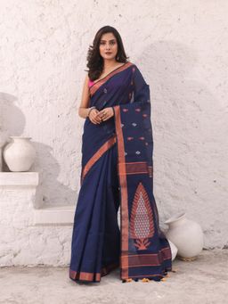 CHARUKRITI - Navy Blue Cotton Zari Border Woven Designs Saree with Unstitched Blouse