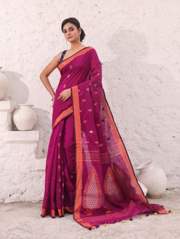 CHARUKRITI - Pink Cotton Zari Border Woven Designs Saree with Unstitched Blouse