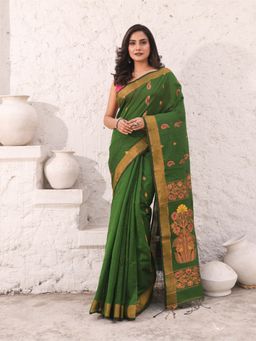 CHARUKRITI - Moss Green Cotton Woven Designs Zari Border Saree with Unstitched Blouse