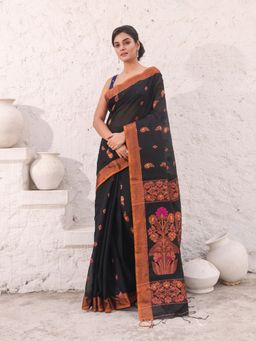 CHARUKRITI - Black Cotton Woven Designs Zari Border Saree with Unstitched Blouse
