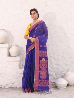 CHARUKRITI - Royal Blue Cotton Woven Designs Zari Border Saree with Unstitched Blouse