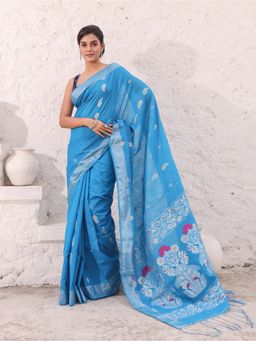 CHARUKRITI - Sky Blue Cotton Saree With Woven Designs And Zari Border with Unstitched Blouse