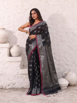 CHARUKRITI - Black Cotton Damask Motifs Saree with Unstitched Blouse