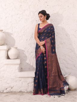 CHARUKRITI - Navy Blue Cotton Damask Motifs Saree with Unstitched Blouse