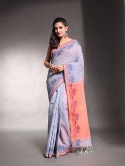 CHARUKRITI - Grey Cotton Woven Designs Temple Border Soft Saree with Unstitched Blouse