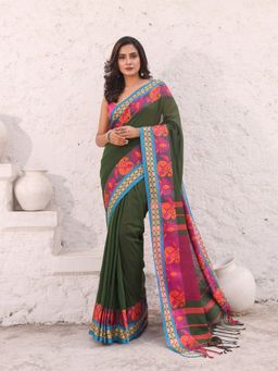 CHARUKRITI - Pine Green Pure Cotton Solid Soft Saree with Unstitched Blouse