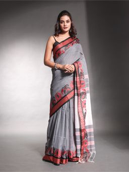 CHARUKRITI - Grey Pure Cotton Solid Soft Saree with Unstitched Blouse