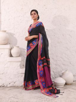 CHARUKRITI - Black Pure Cotton Solid Soft Saree with Unstitched Blouse