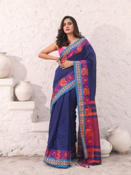 CHARUKRITI - Blue Pure Cotton Solid Soft Saree with Unstitched Blouse